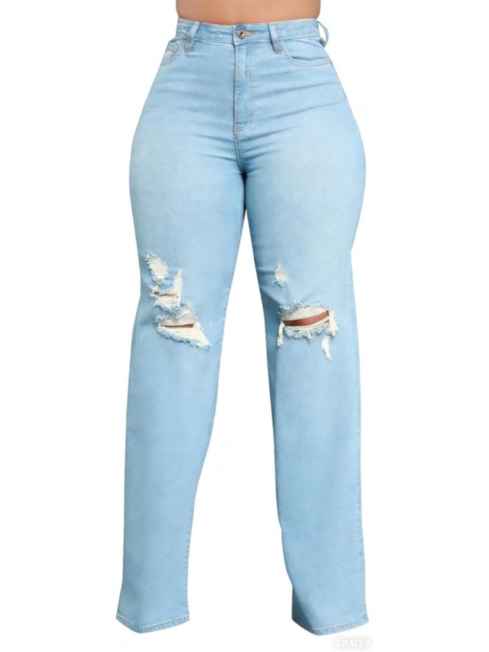 Womens Light Blue Denim High Waist Y2k Wide Leg Button Running Straight Jeans